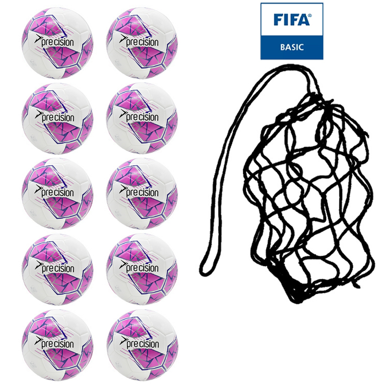 Net of 10 Precision Fusion FIFA Basic Footballs [NEW] White/Pink (3,4,5)