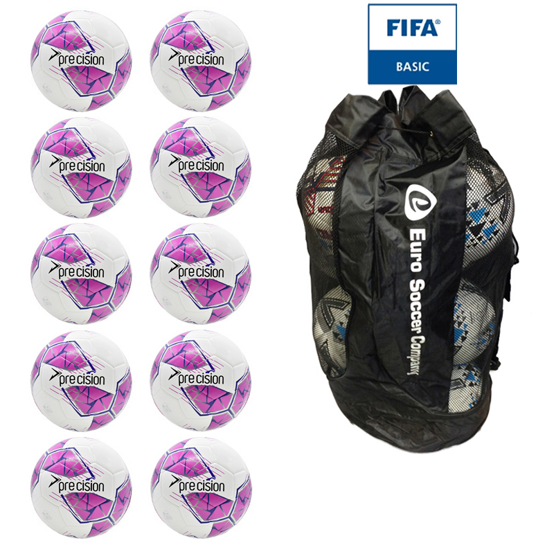 Ball Sack of 10 Precision Fusion FIFA Basic Footballs - White/Pink (3,4,5)